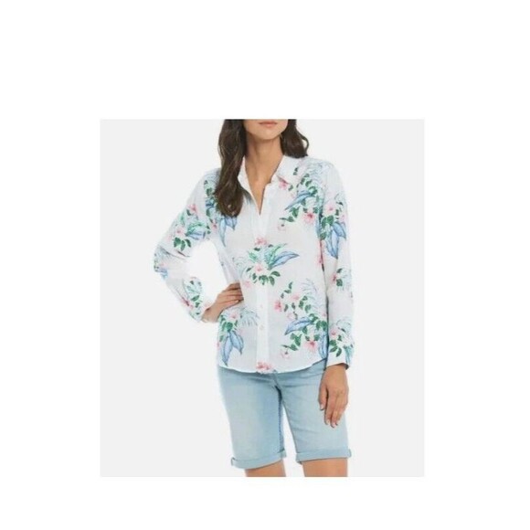 Tommy Baham Shirt Womens L Floral Linen Button Up Blouse Beach Vacation - Picture 9 of 9